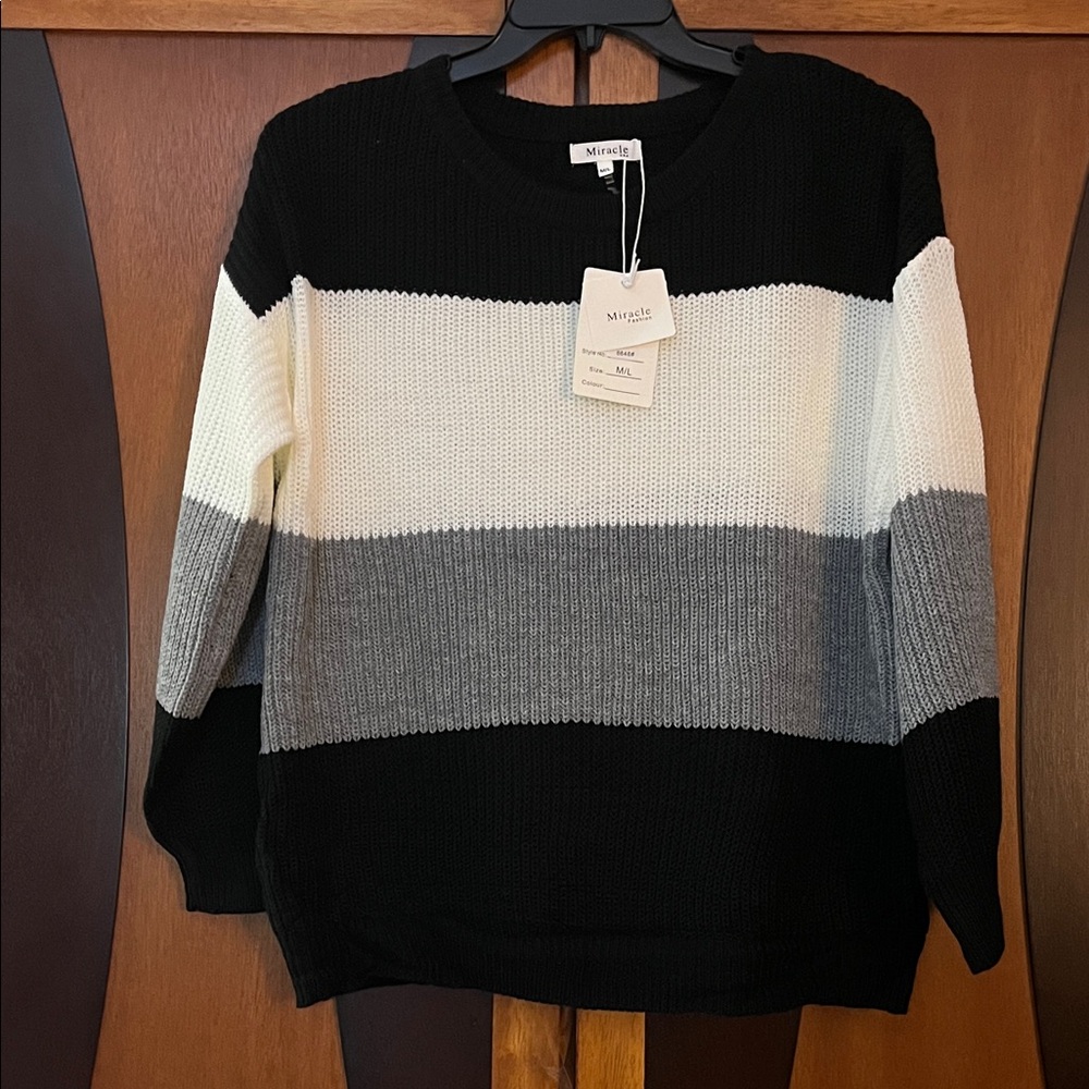 NWT Miracle Brand Black, White, & Grey Wide Striped Sweater